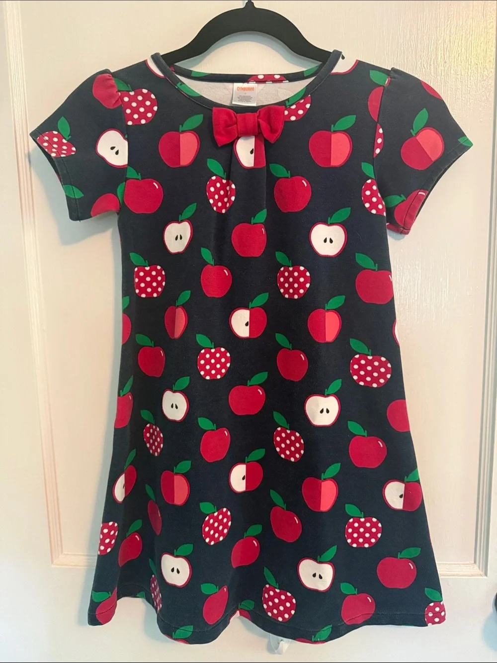 Gymboree Back to School Navy Dress with Red Apple Print and Red Bow